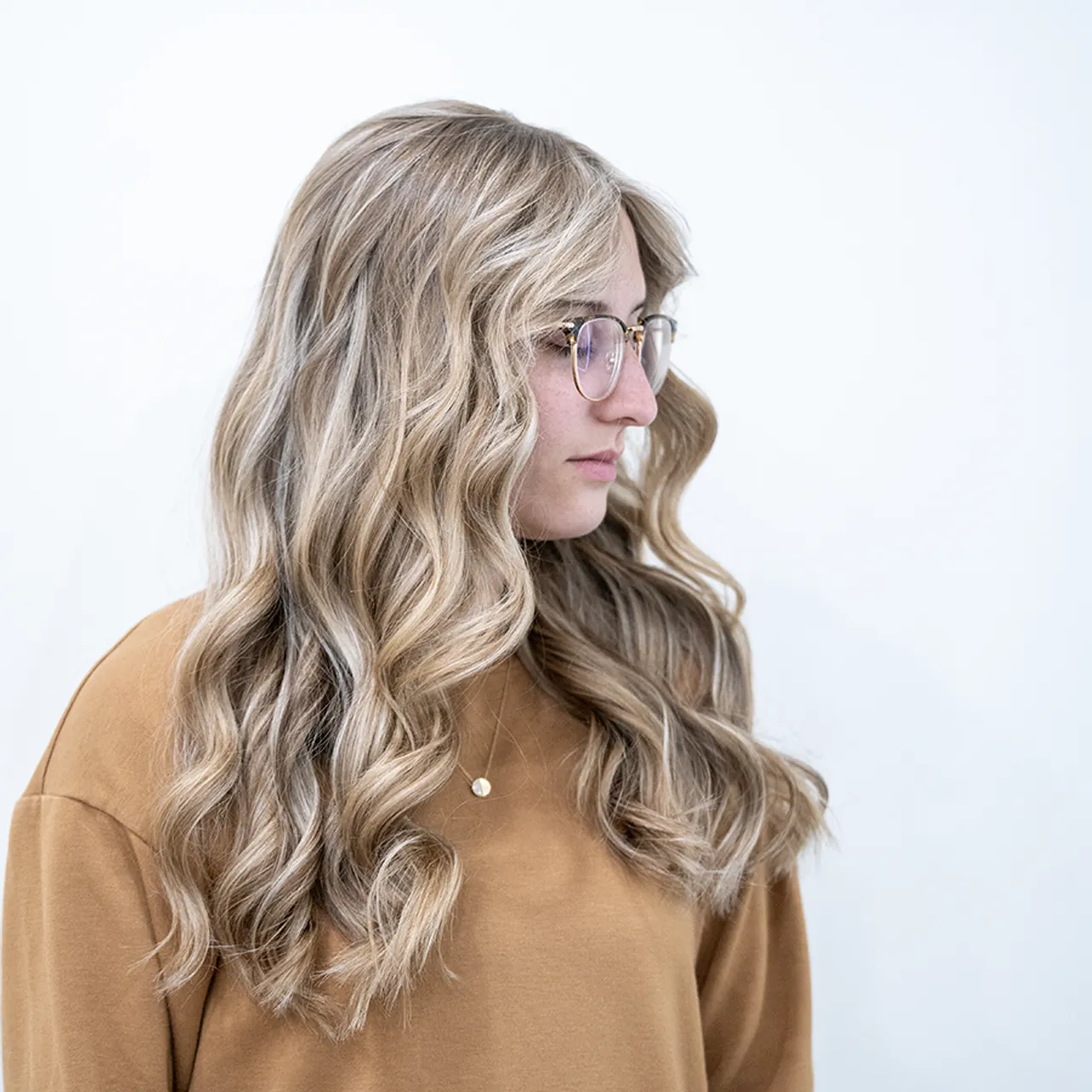 Lived-in brunette color with soft highlights in Powell, Ohio