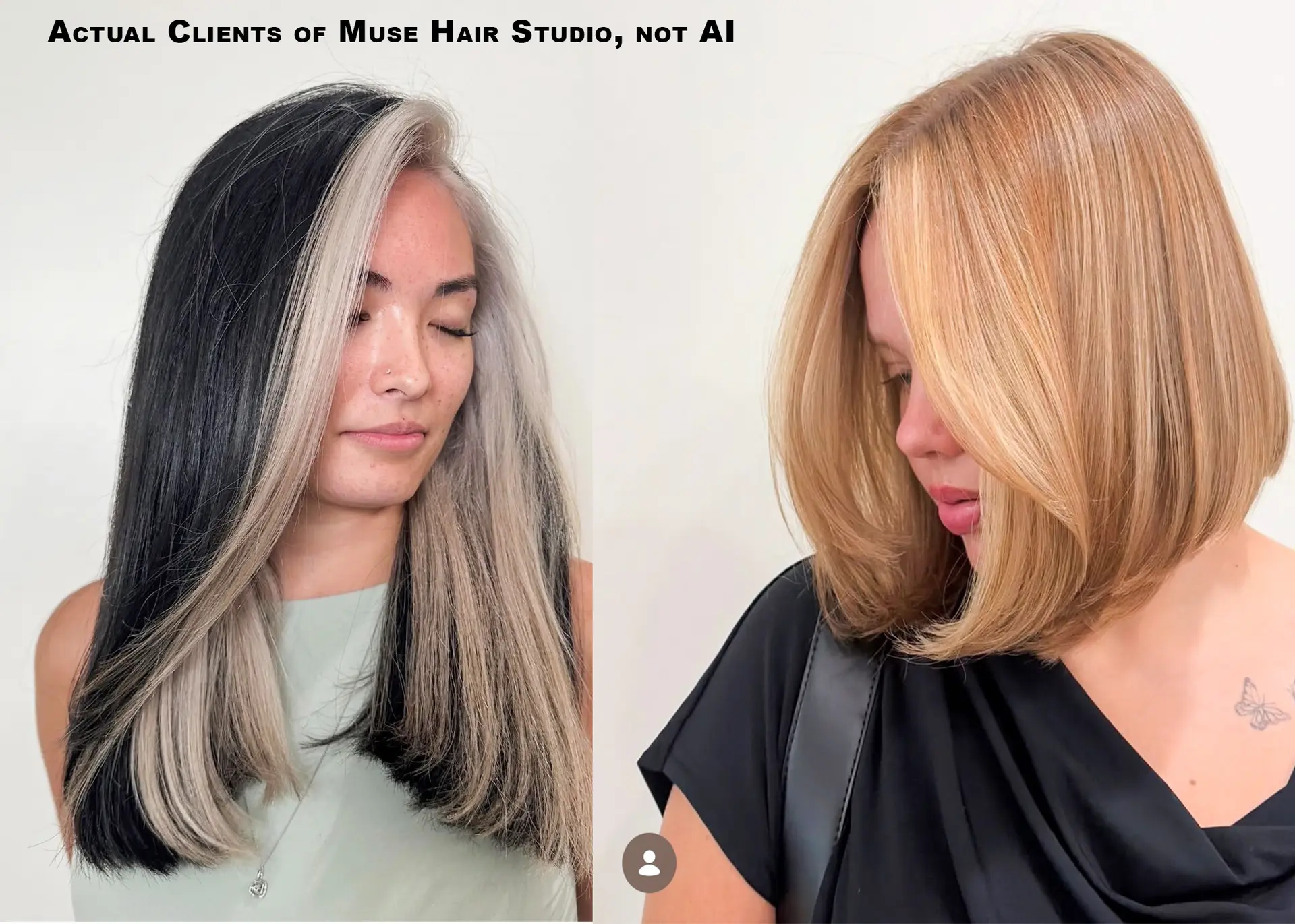 Actual Muse Hair Studio clients showcasing high-contrast money piece color and a warm dimensional lob