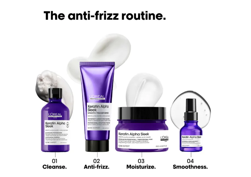 L'Oréal Professionnel Keratin Alpha Sleek anti-frizz routine: shampoo, smooth transformer, mask, and mirror sleek serum